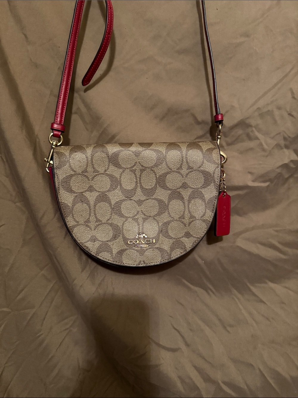 Coach Brown Signature Half-Moon Crossbody with Red Trim